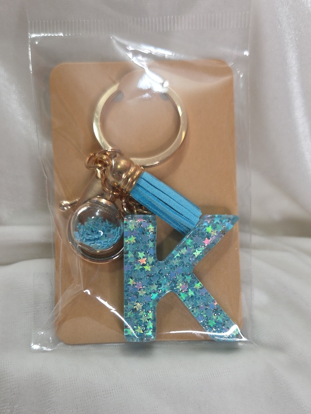Initial Letter "K" Light Blue Stars Resin Keychain Purse Charm Handbag Charm